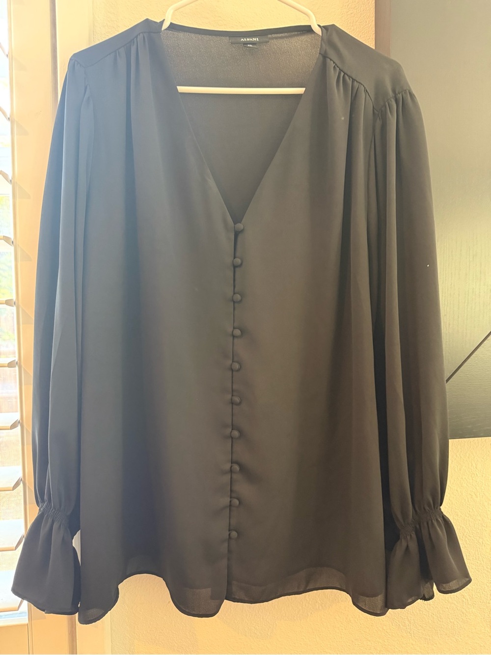 Alfani Black V-Neck Covered-Button Blouse with Ruffle Cuffs